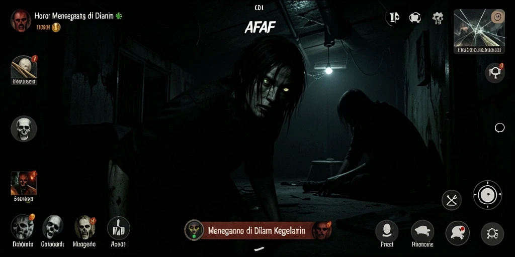 Screenshot gameplay AFAF yang menampilkan suasana horor menegangkan.