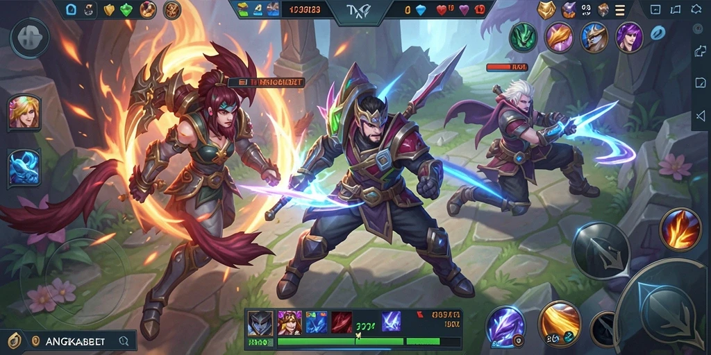 Screenshot gameplay ANGKABET dengan aksi pertempuran MOBA yang mendebarkan.