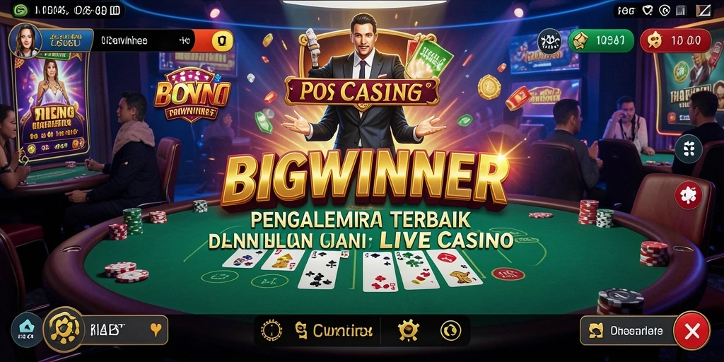 Screenshot gameplay BIGWINNER yang menampilkan dealer profesional dan suasana casino langsung.