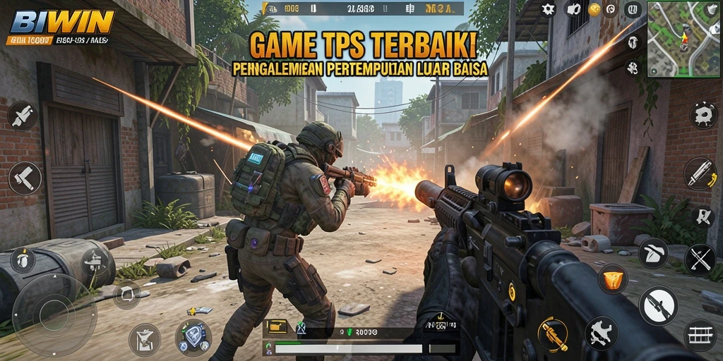Tampilan gameplay <strong>BIWIN</strong> yang intens dengan aksi tembak-menembak.