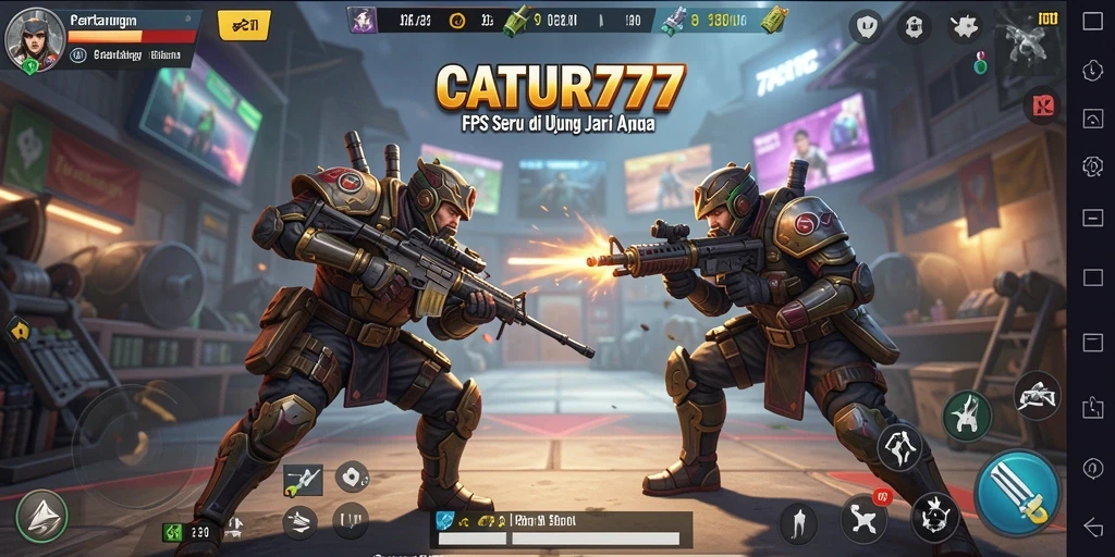 Screenshot utama <strong>CATUR777</strong> dengan aksi tembak-menembak yang intens.