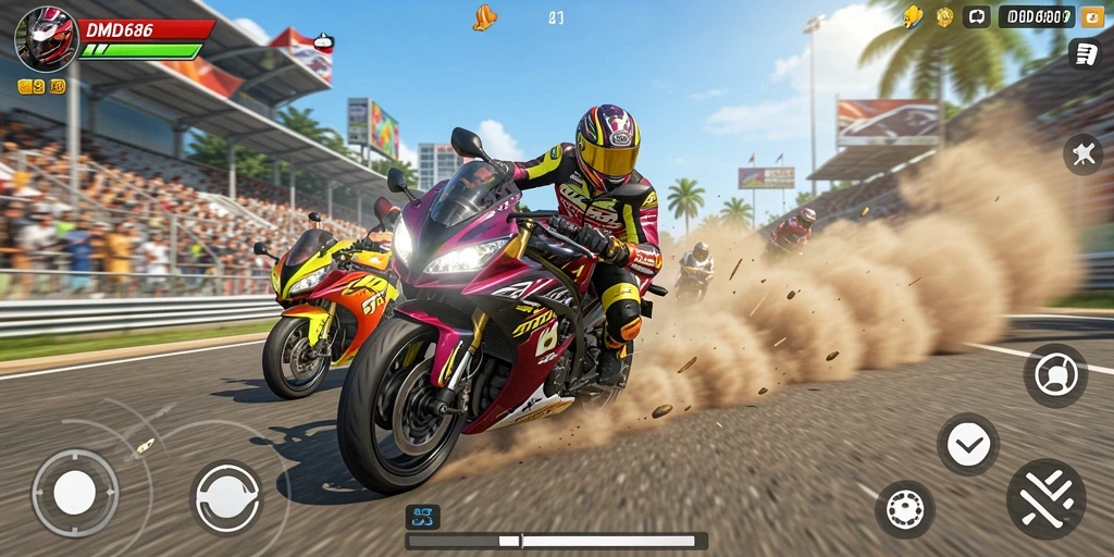 Tampilan gameplay DMD686 yang penuh kecepatan dan adrenalin.