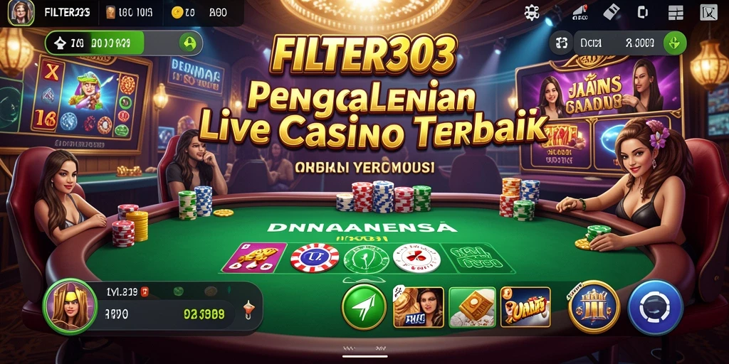 Screenshot GAMEPLAY FILTER303 menampilkan dealer live dan interaksi pemain.