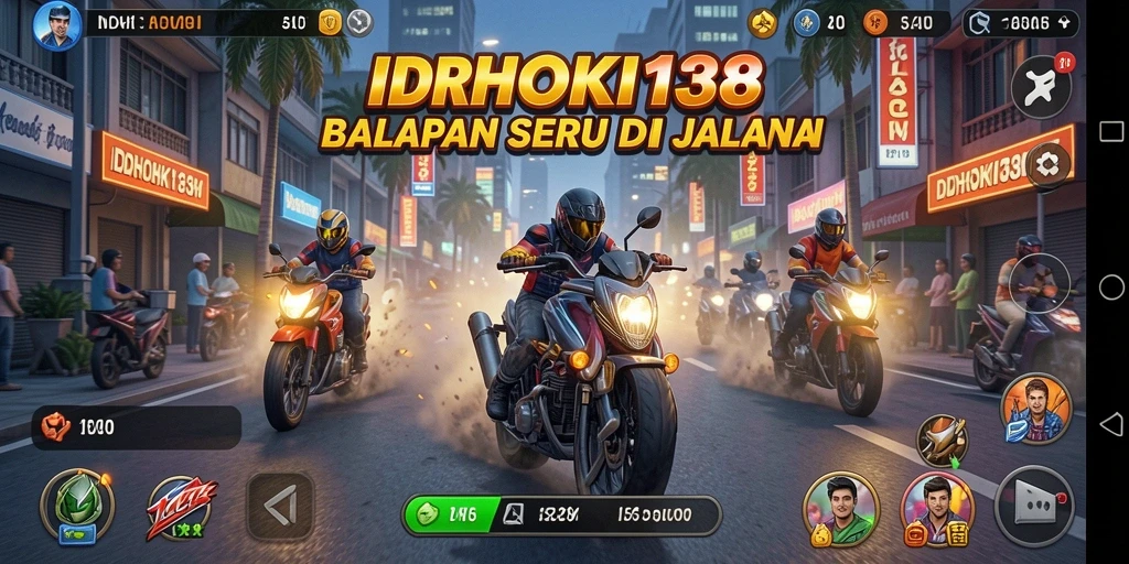 Screenshot gameplay IDRHOKI138 dengan mobil balap yang melaju kencang.