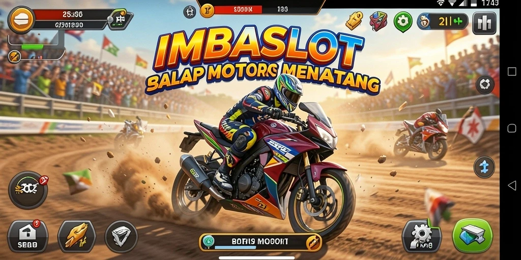 Screenshot gameplay IMBASLOT menampilkan aksi balap motor yang mendebarkan.