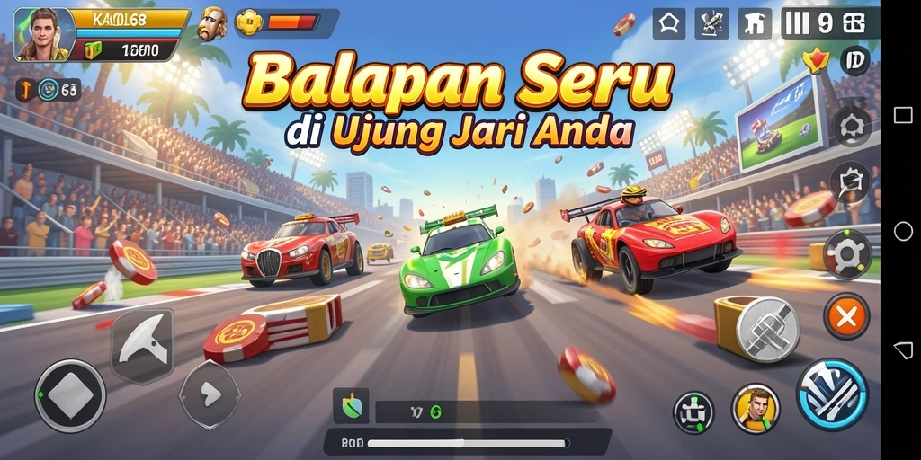 Gameplay kompetitif KAOL68 dengan mobil balap yang keren.