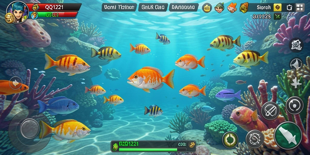 Tampilan gameplay QQ1221 dengan ikan colorful dan senjata menembak.