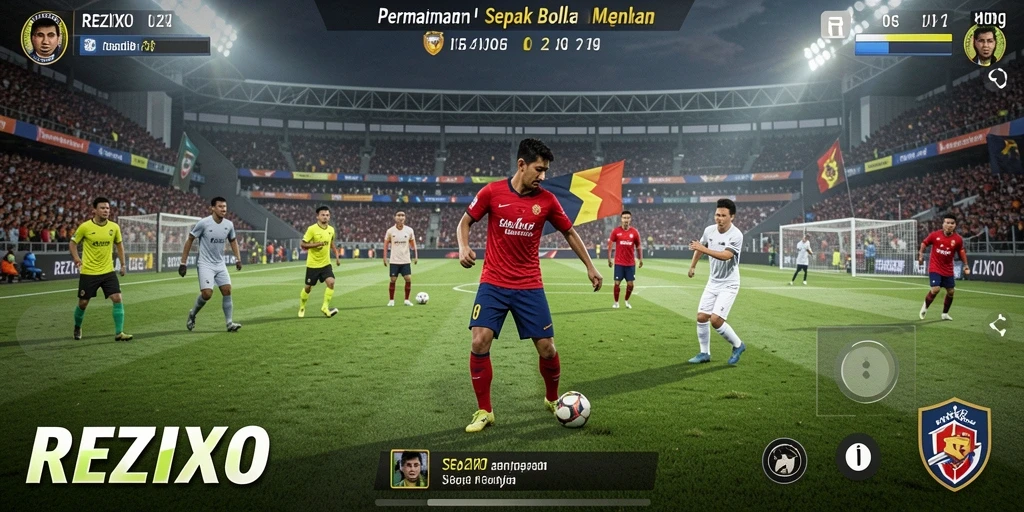 Tampilan gameplay seru dari REZIXO dengan aksi sepak bola intens.